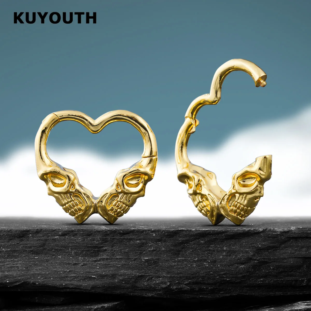 KUYOUTH Punk Heart-shaped Skull Ear Weight Expanders Stretchers Copper Snap Body Jewelry Gauges Earring Piercing 2PCS