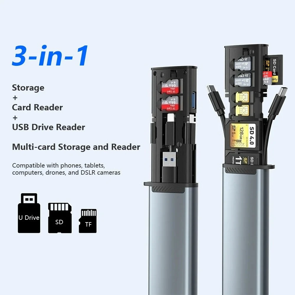13 in 1 Aluminum Alloy Portable Card Reader Multiple Card Simultaneous Reading SD/TF 3.0 High Speed USB 2.0 Type-C Storage Box
