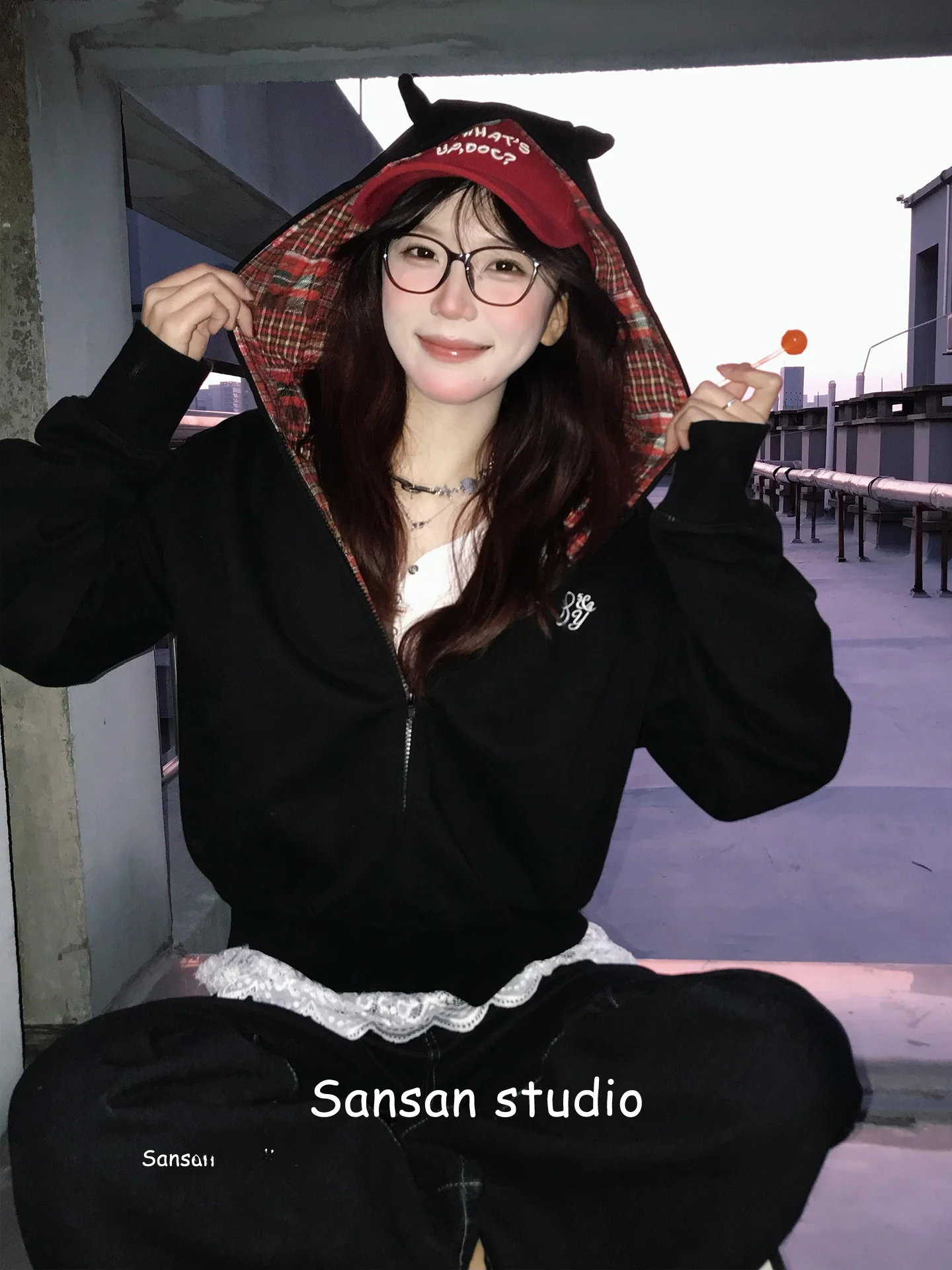 

American Sle Hooded Sweater Coat Women Early Spring Small Devil Plaid Splicing Couple Zipper Open Cardigan Loose Couple Top