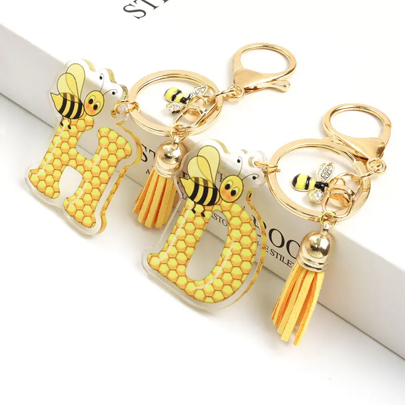 Creative Bee&Honeycomb Design A-Z Acrylic Yellow Tassel Bee Rhinestones Enamel Charm Keychain Bag Pendant Trendy Jewelry Gift