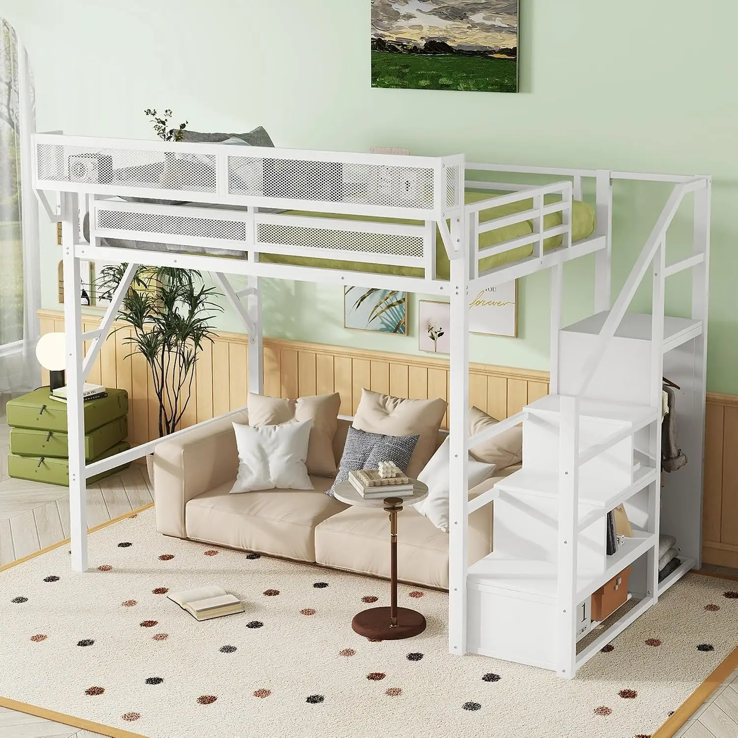 Full Size Loft Bed Stairs Storage Shelves & Wardrobe Metal High Loft Bed Under-Bed Area No Box Spring, Customized