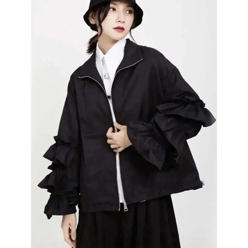 

HUISONG Loose Fit Black Ruffles Stitch Big Size Jacket New Lapel Long Sleeve Women Coat Fashion Tide Spring Autumn 2025