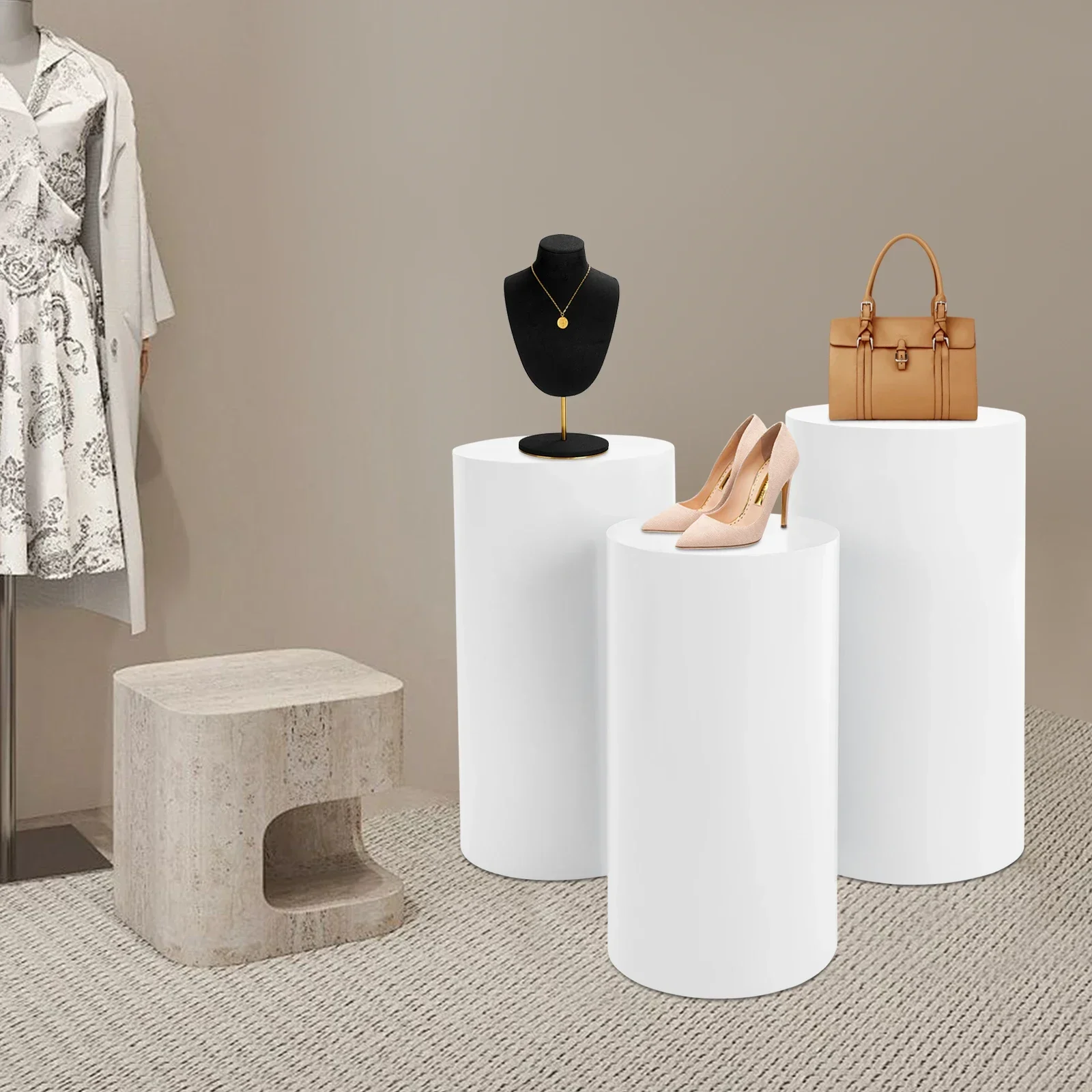 

3-piece Cylindrical Display Stand (50cm,55cm,60cm), Overlapping White DIY Decorative Table, Dessert Table for Weddings & Parties