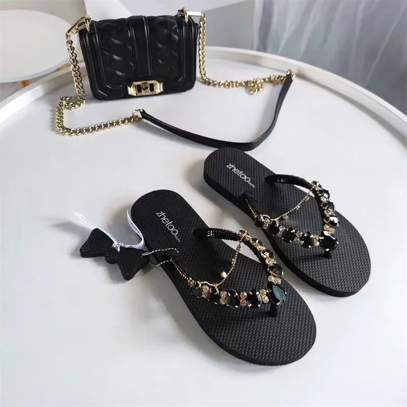 Shoes for Women 2024 Brand Flip Flops Women\'s Slippers Fashion Crystal Casual Slippers Women Hot Sale The Chain Flat Slippers