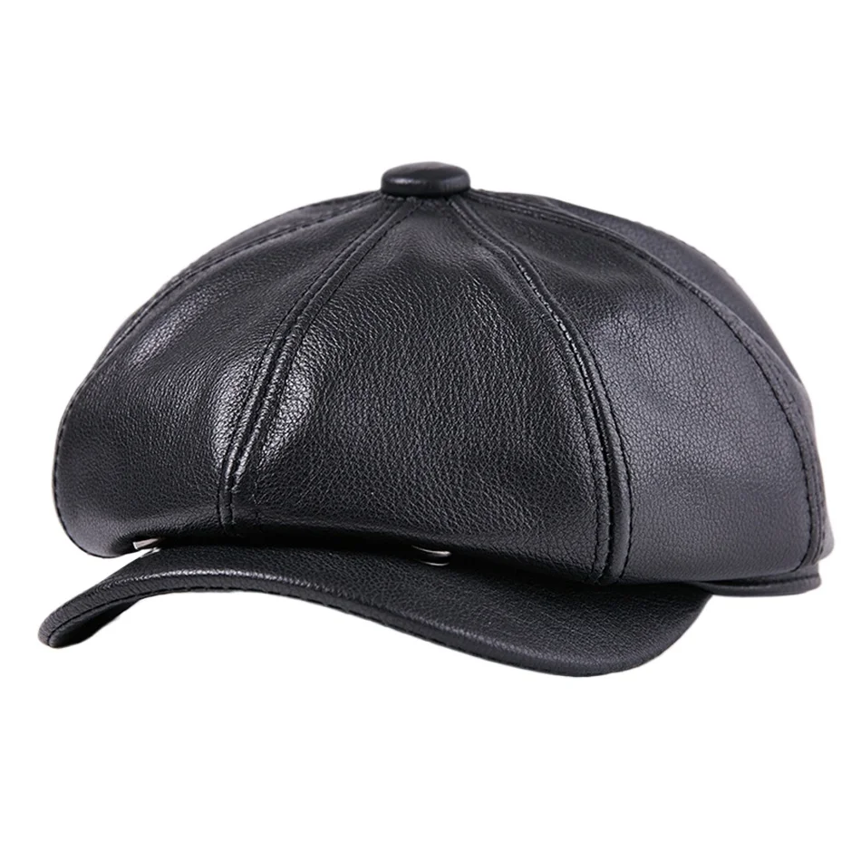 

Black Octagonal Cap Real Leather Men Genuine Leather Vintage Newsboy Caps Male Spring Casual Brand Hat Classic Painter Flat Hats