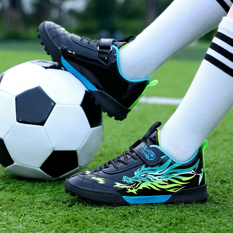 Kids Soccer Cleats with Hook-and-Loop Closure Leather Non-Slip Football Shoes for Boys Girls Durable Firm Ground Outdoor Trainer