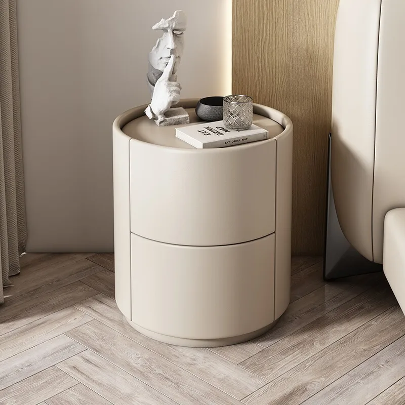 Italian Light Luxury Simple Modern Fully Equipped Round Solid Wood Minimalist Style Bedroom Storage Nightstand Frames Cabinets