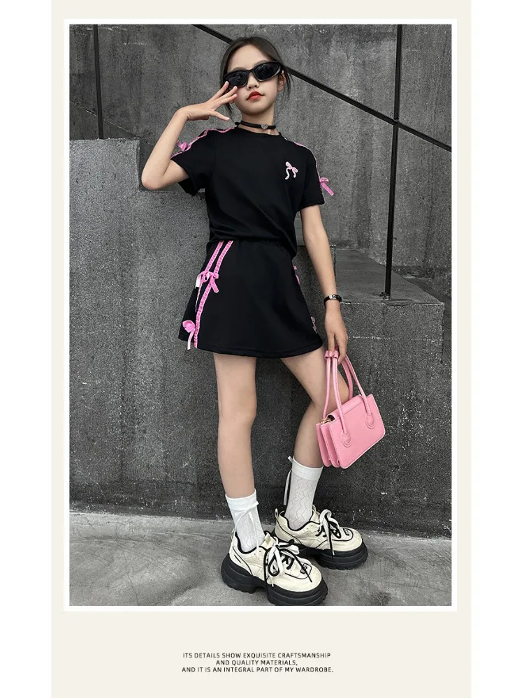 

5-14T Girls' Short Sleeve Set 2024 New Korean Edition Children's Ribbon Bow Thin T-shirt Ribbon Short Skirt Sports Two Piece Set