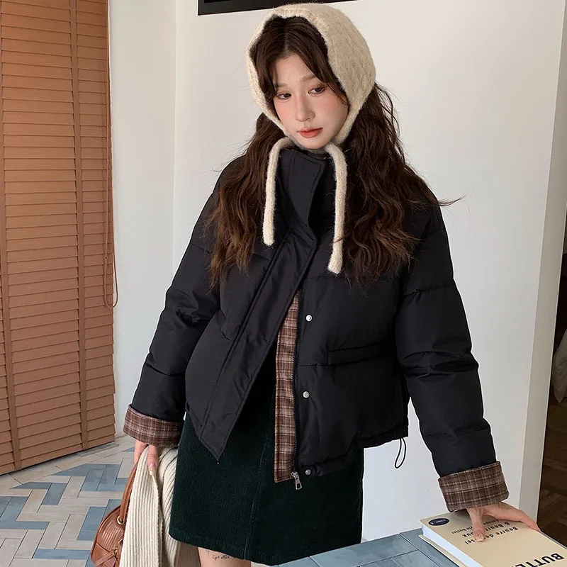 American Plaid Patchwork Puffer Jacket Women Winter Thick Stand Collar Short Parkas Woman Korean Casual Preppy Style Outerwear