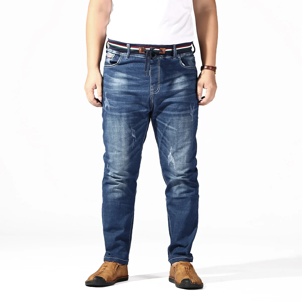 Large men's men's jeans with perforated stretch, summer stretch, elastic, drawstring waist, denim pants, oversized pants