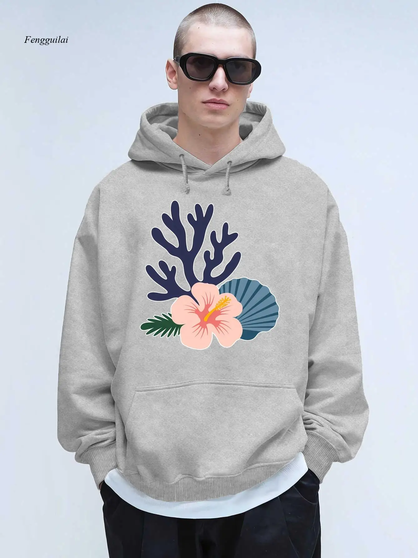 

Тропический гавайский свитер с капюшоном и принтом цветов гибискуса и пальмы, красный, с темно-синим коралловым рифом и розовым цветочным дизайном