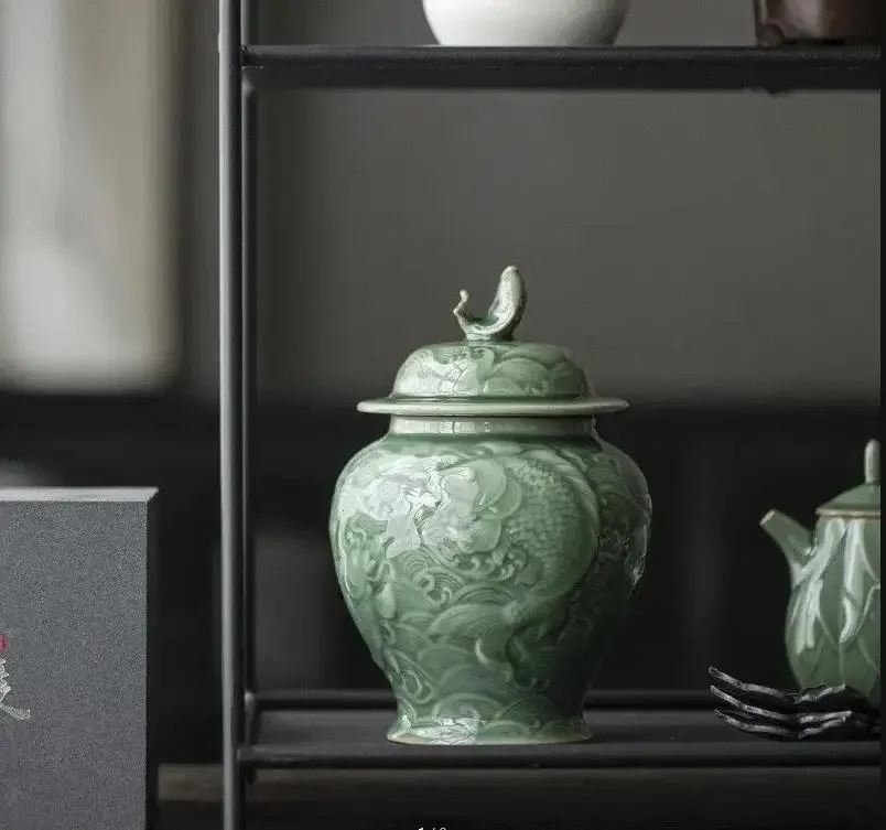 

Керамический герметичный горшок для хранения Celadon Relief, коробка для чайного сервиза кунг-фу, аксессуары для китайской церемонии