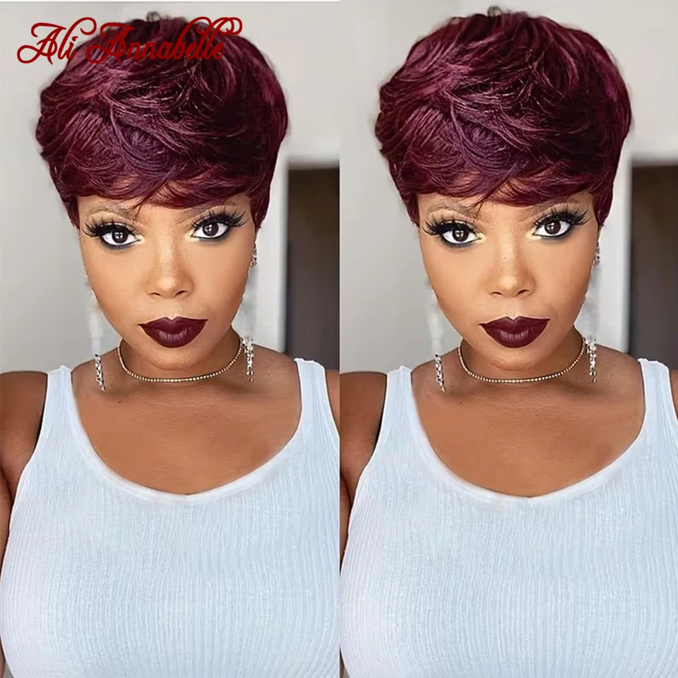 Ali Annabelle Hair 4 Inch Red 99J Burgundy Pixie Cut Wigs with Bangs Human Hair Wigs for Women Full Machine Made Wigs Daily Wear - Image 5