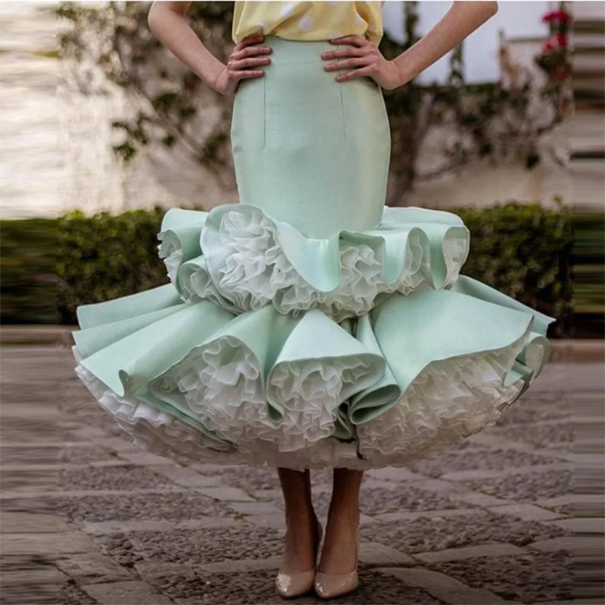 Mint Green And White Ruffles Skirts Lady High Waist Trumpet Skirt  Girls Birthday Party  Skirt Women Tiered Tutu Skirt