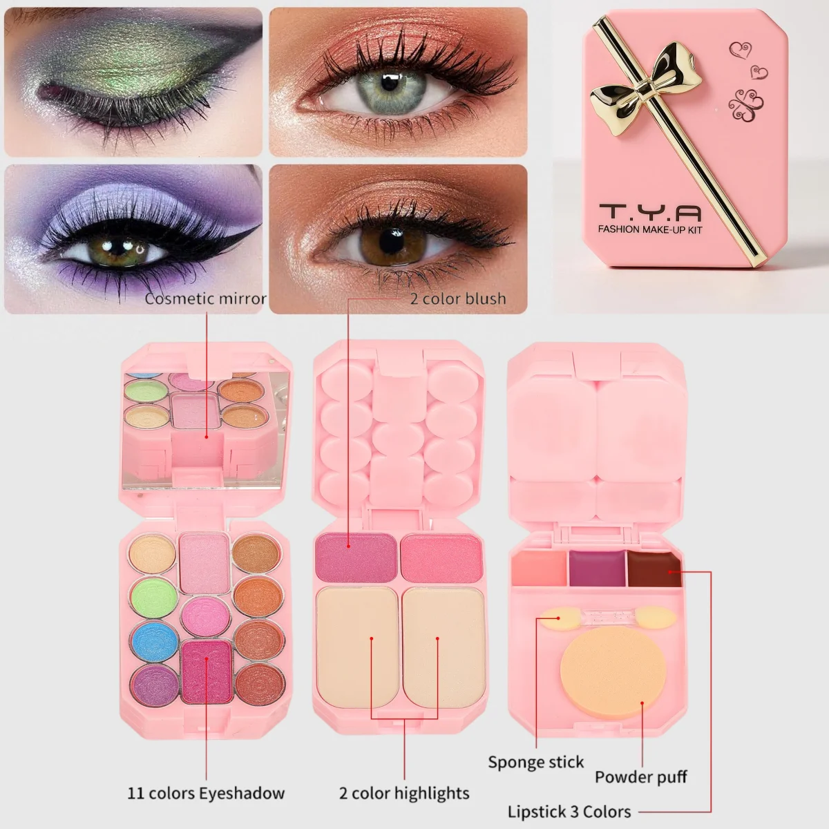 18-Farben-Komplett-Multifunktions-Make-up-Set, perlmuttartiger, mattierter Lidschatten + Rouge + Lippenstift + Puder + Make-up-Pinsel + Puff + Spiegel, unverzichtbare Make-up-Palette für den täglichen Gebrauch, Farben: Lila, Gold, perfektes Geschenk für Frauen