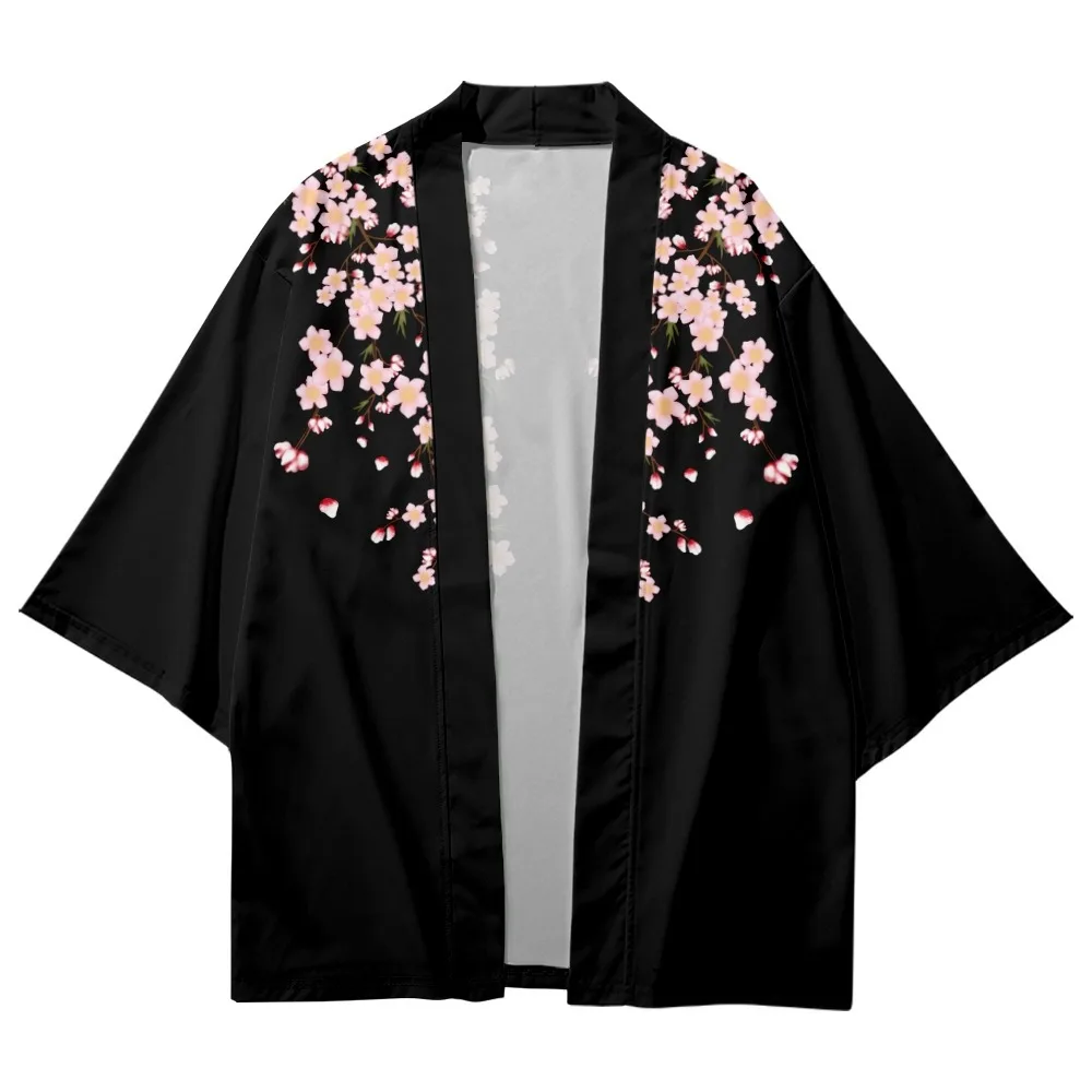 Black Fashion Flower Print Harajuku Kimono Shorts Sets Two-piece Suit Yukata Japanese Traditional Cardigan Women Men Haori