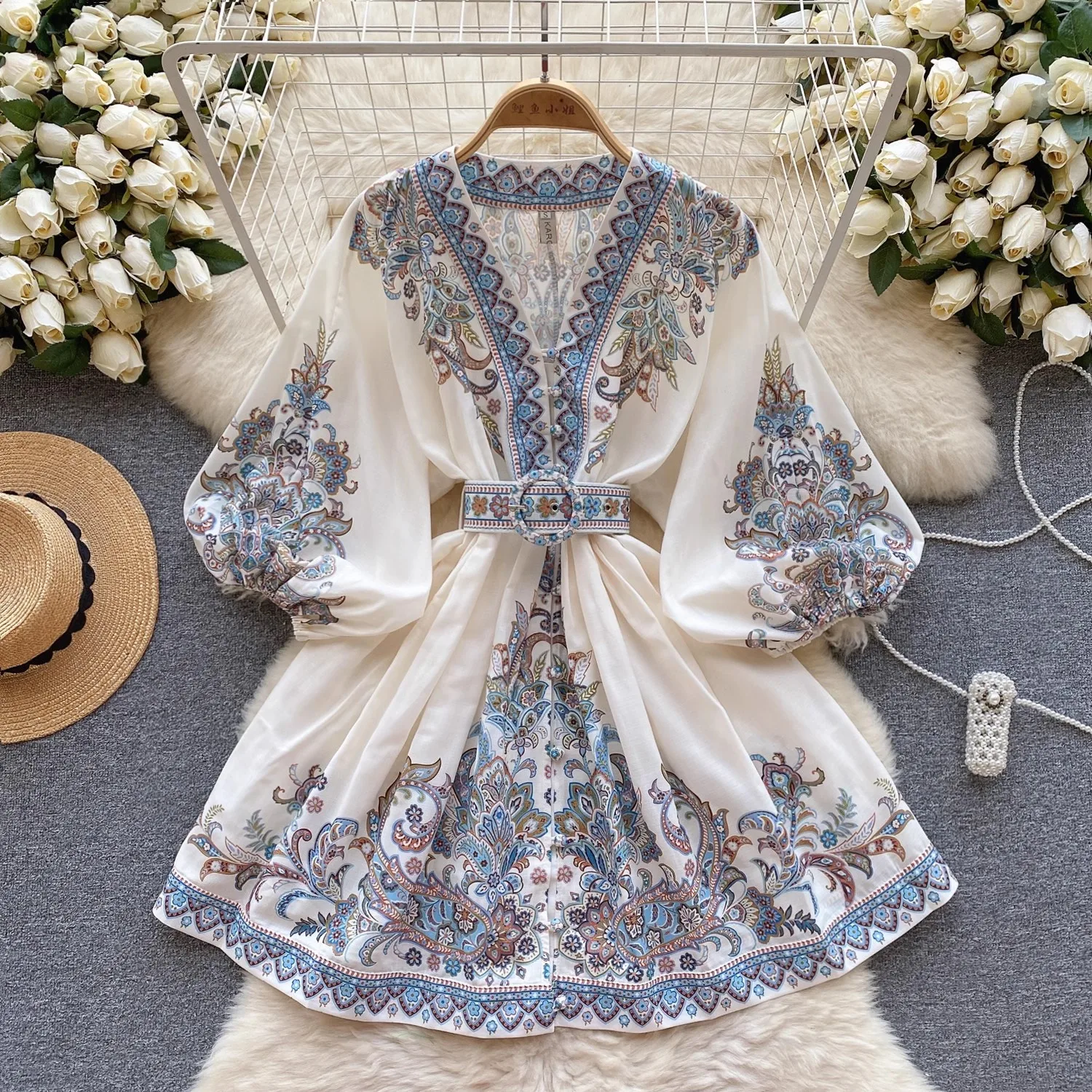 

Spring Autumn Floral Print Dress Women V Neck Puff Sleeve Mini Dress With Belt Elegant Party Vestidos