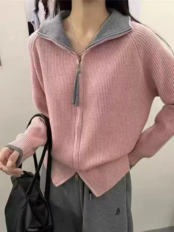 

Вязаный кардиган контрастного цвета с двойной молнией и лацканами, женский свободный универсальный тонкий свитер