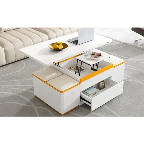 3 in 1 Lift-Top Coffee Table with 4 Storage Stools, Modern 47.2" Center Table with Foldable Top, Multi-Functional Adjustable