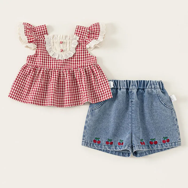 

2Piece Summer Toddler Girl Clothes Korean Fashion Plaid Cute Cherry Red Sleeveless Tops+Denim Shorts Boutique Kids Clothing B095