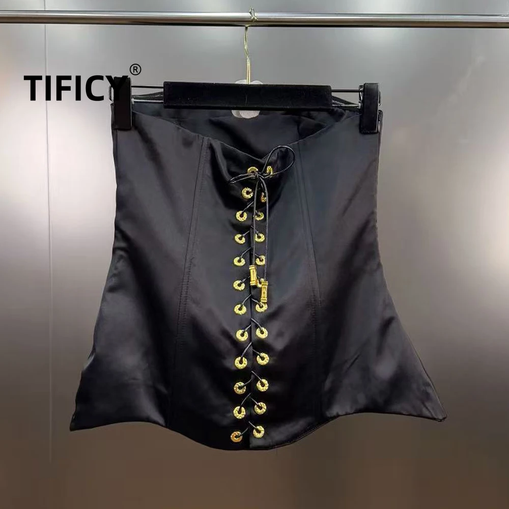 

High Street Tees Tank Tops Women's Spring and Summer Woven Lace Up Waist Cinching Slimming Minimalist Style Strapless Tanks