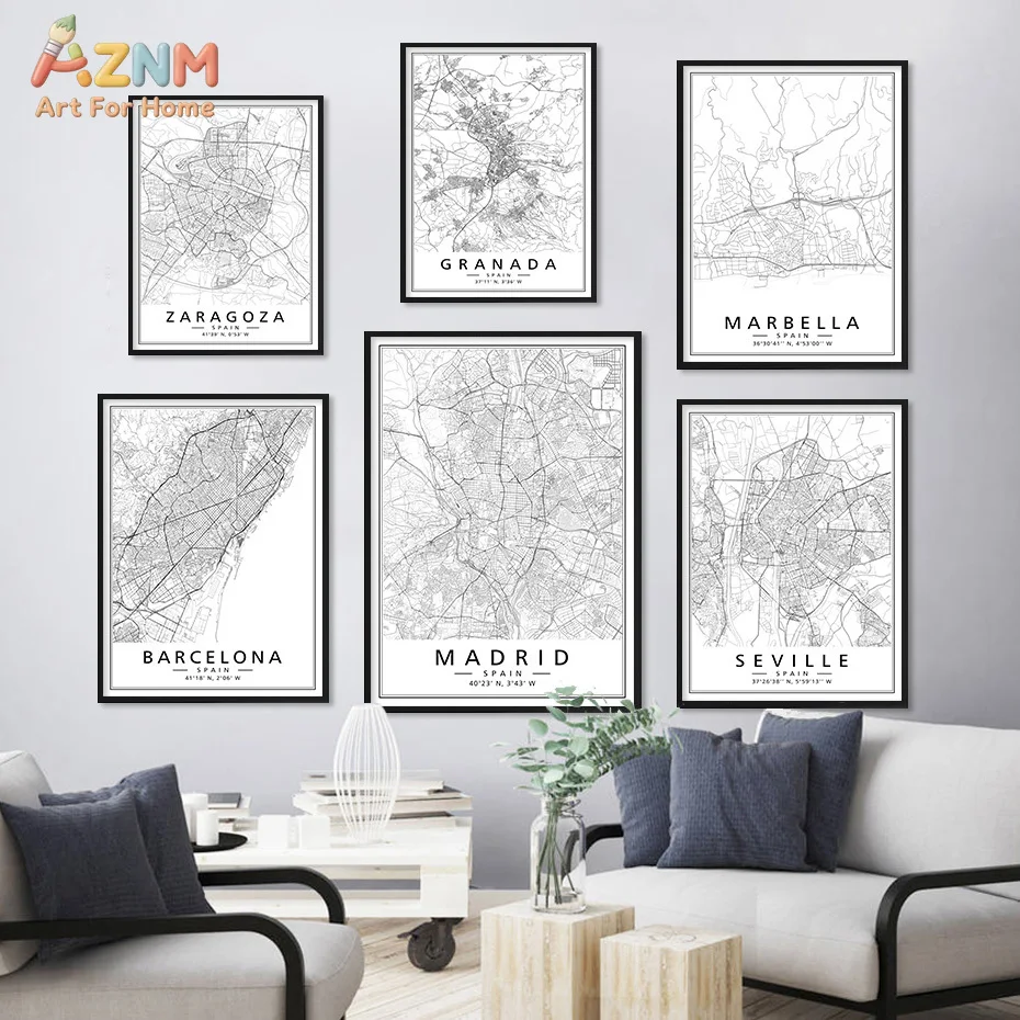 AZNM Spain City Map Canvas Wall Art, Black and White Minimalist Madrid Barcelona Print, Frameless Geographic Coordinates Line Ar