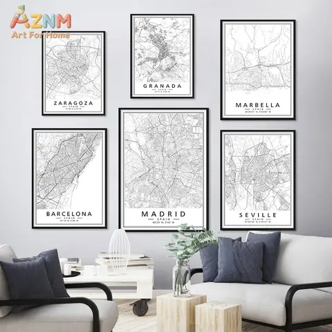 AZNM Spain City Map Canvas Wall Art, Black and White Minimalist Madrid Barcelona Print, Frameless Geographic Coordinates Line Ar