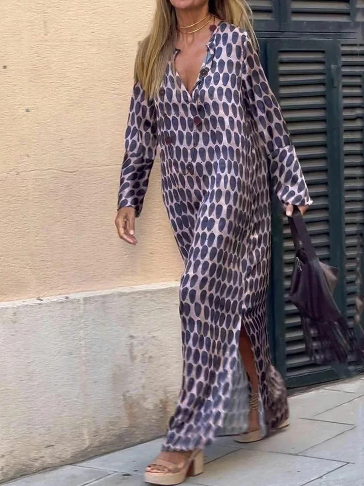 Geometric Print Maxi Dress Women Summer Fashion V-neck Long-sleeved Long Dress Female Vintage Casual Loose Ankle-length Robe New