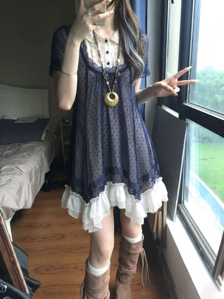 Y2k Vintage Two Pieces Polka Dot Dress Panelled Design Slim Vestidos Irregular Minority Fungus Patchwork New Robe
