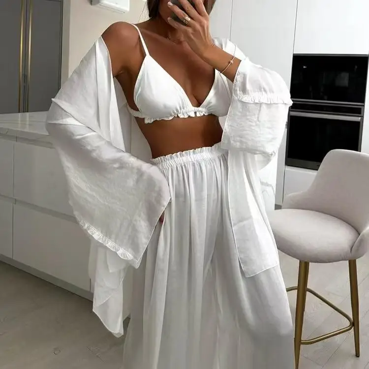 Sexy Lace Trim Vest Top Wide Leg Pants Tee Piece Set Faionable Long Sve V Ne Student Work orm Spring Collection