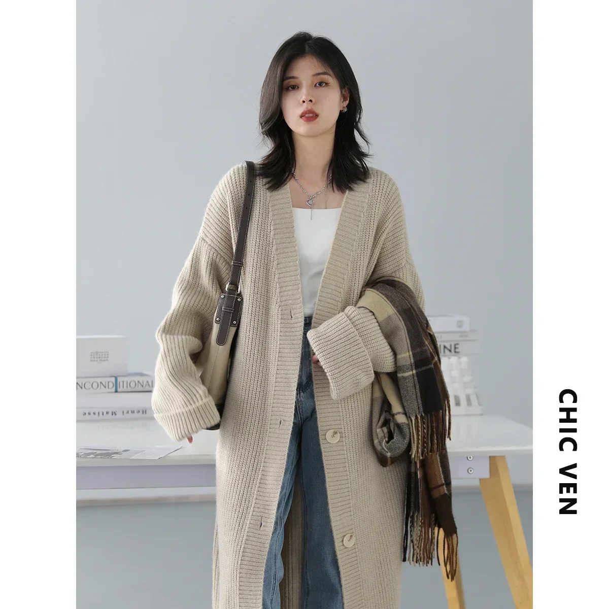 CHIC VEN Fashion Women Cardigan Solid Single Breasted New Loose Long Casual Knitted Sweater Female Jumpers Spring Autumn 2024