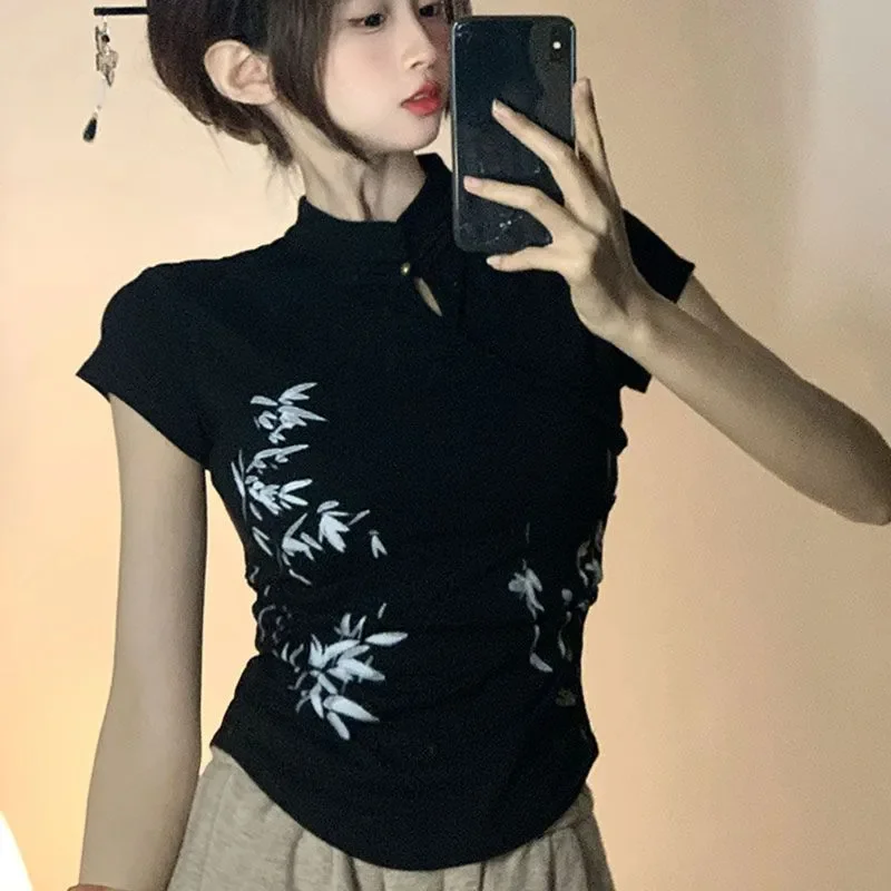 

American graphic T-shirt waist design chic versatile simple short-sleeved crop top printed T-shirt black