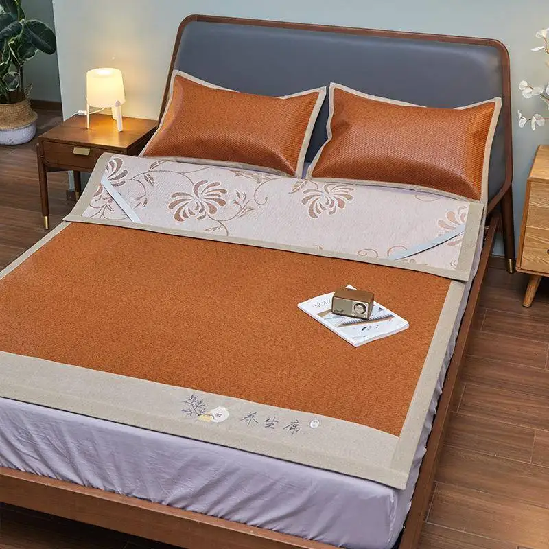 

Double-Sided Ice Silk Embroidered Ancient Vine Mat Foldable Home Use Bedding Hand-Made And Machine-Woven Cooling Mat Set