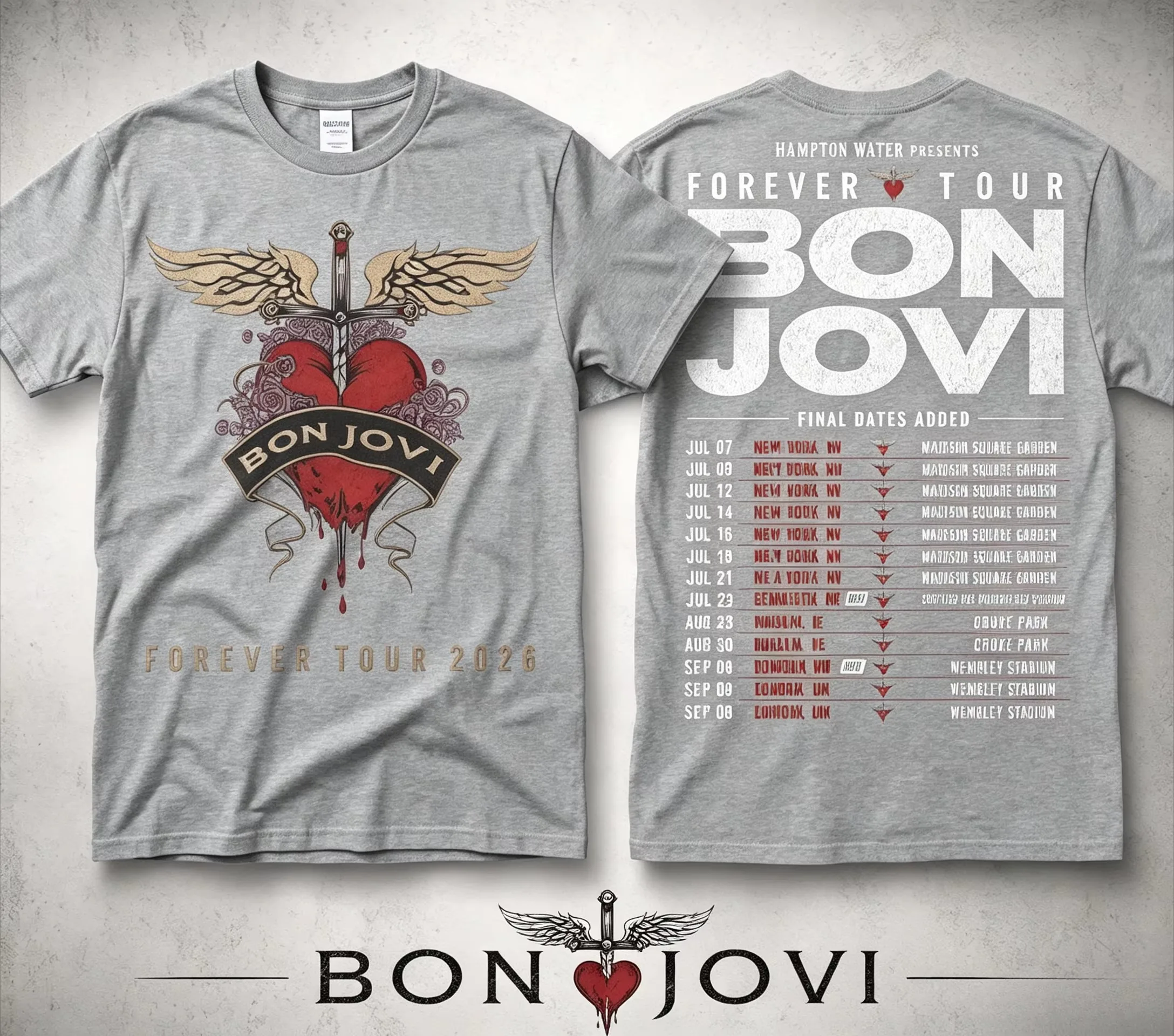 Bon Jovi Forever Tour 2026 T-Shirt für Männer und Frauen, doppelseitiger Druck, Herz-Schwert-Flügel-Grafik, Kurzarm-T-Shirt, Rockmusik-Konzert-Fanartikel – Detail 2
