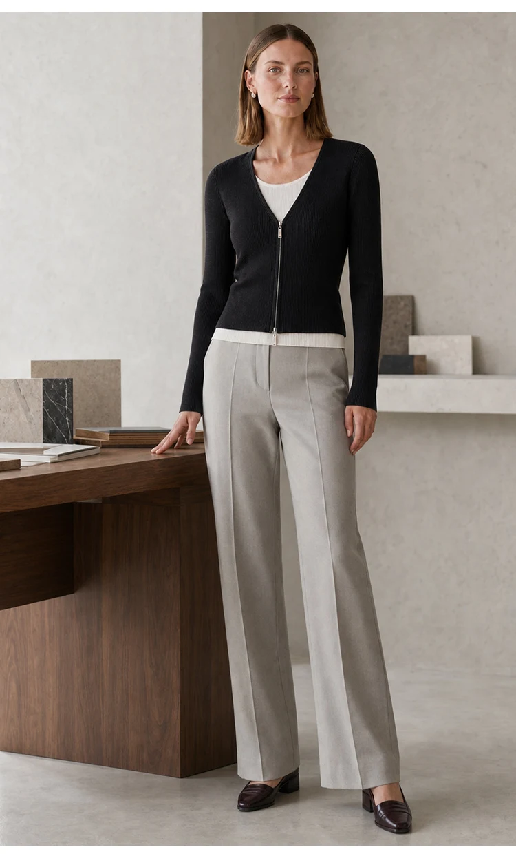 MZ62017 Elegante Damen-Strickjacke mit Reißverschluss, V-Ausschnitt, Langen Ärmeln und Kontrastbesatz aus Modal-Mischung, Mehrlagiges Strickoberteil für Herbst und Winter – Detail 5