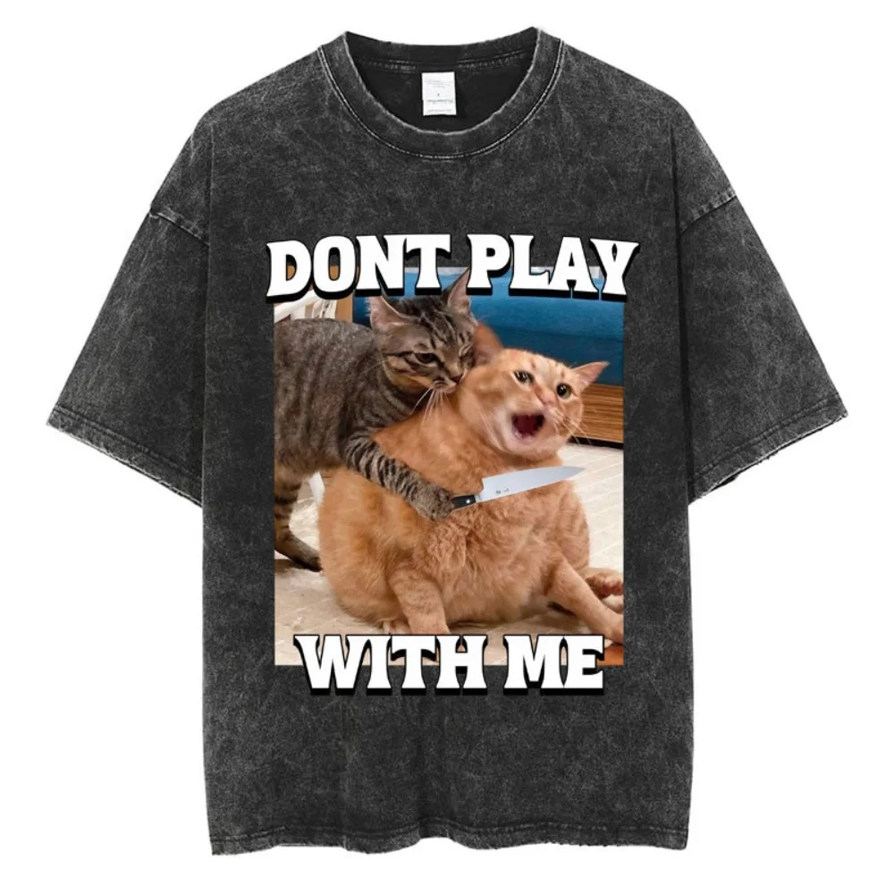 Washed Confused Cat Meme Graphic T Shirts I Do Not Think Therefore I Do Not Am T-shirts Cotton Oversized High Quality T Shirt