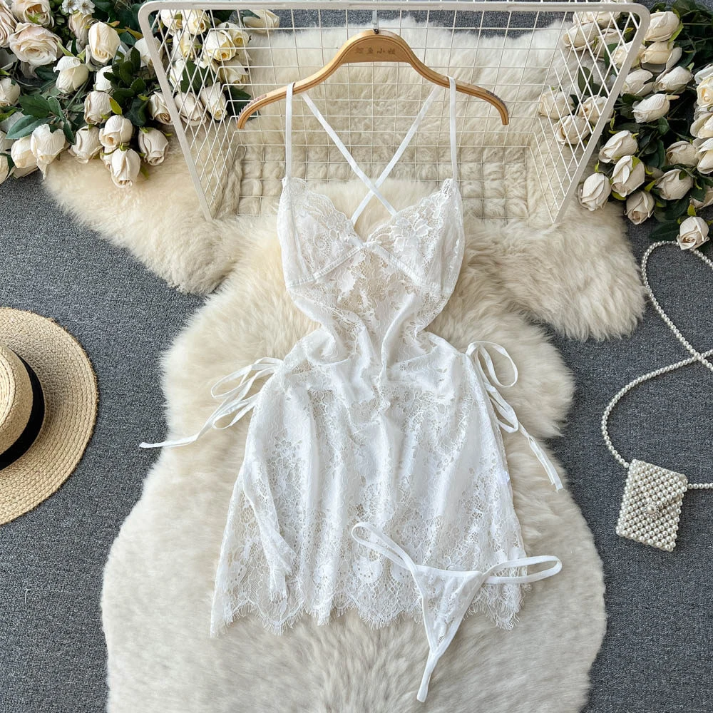 See Through Sexy Lace Sling Dresses Backless Porn Open Nightgown Women's Home Wear Erotic Cheongsam Pajamas Nighties Underwear