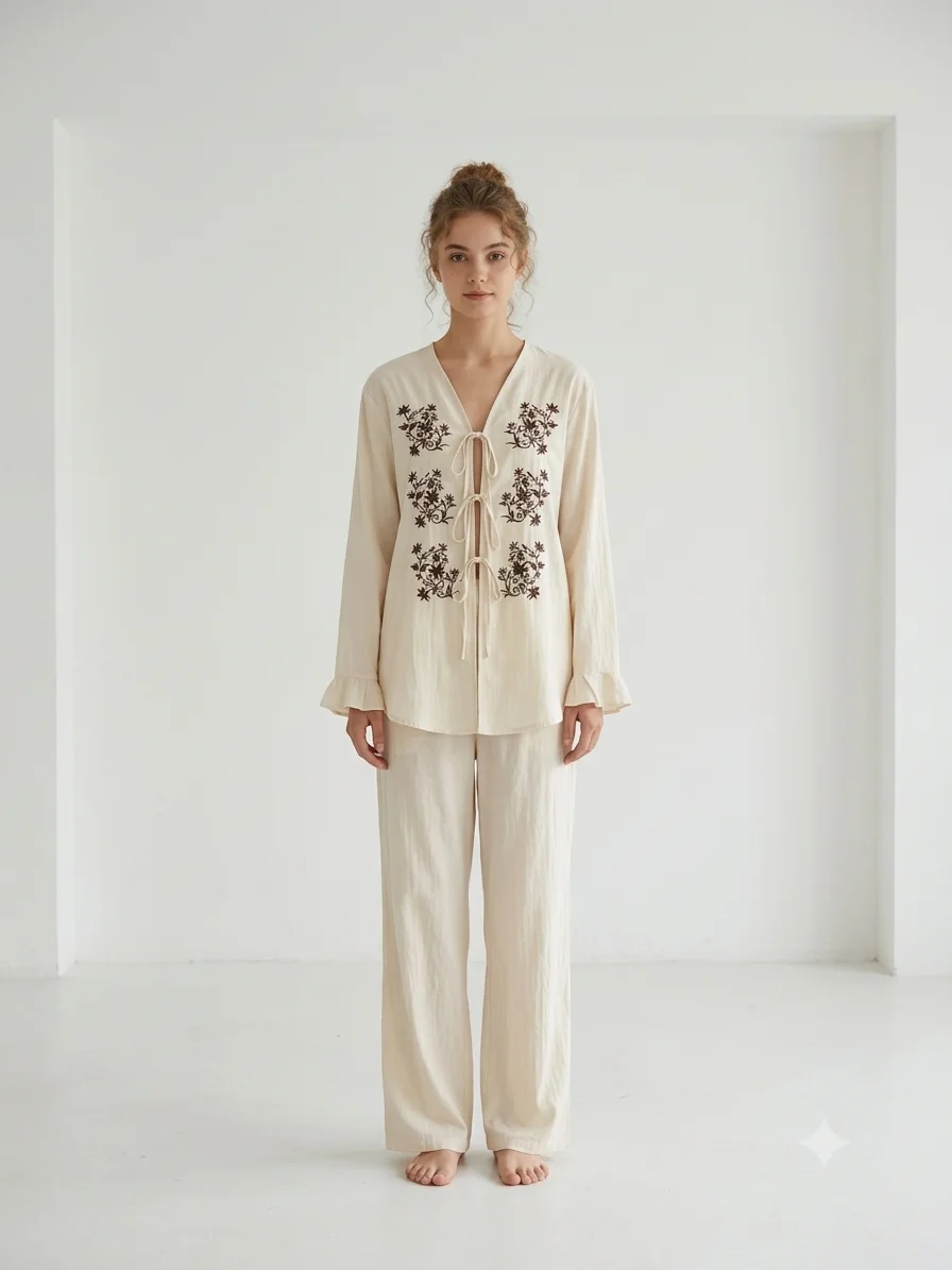 Boho Embroidered Pajama Set Tie Front Long Sleeve Loungewear Cotton Rayon Sleepwear V-Neck Peasant Top Pjs Cottagecore Nightwear