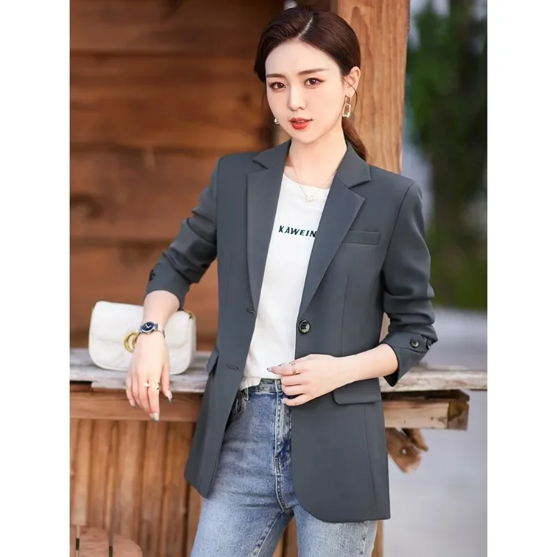 Gray Khaki Black Ladies Blazer Women Solid Slim Jacket Female Long Sleeve Single Button Casual Coat