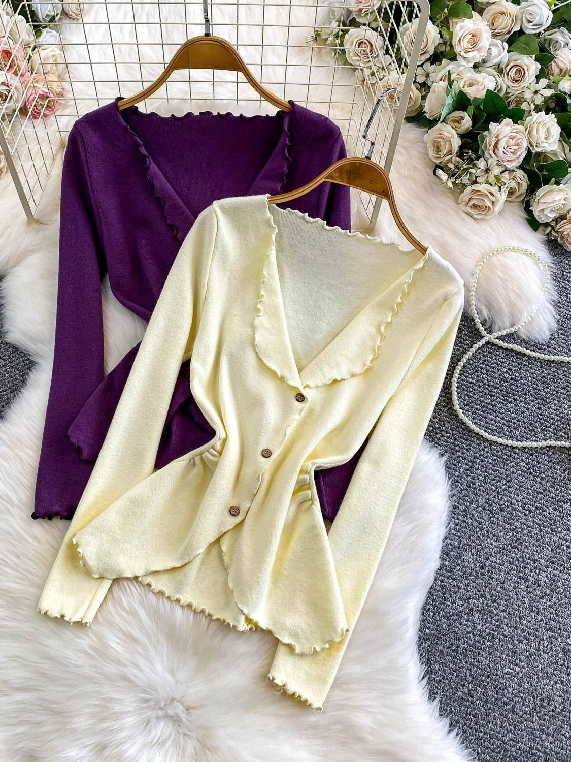 

Early Autumn Korean Sle Women's Jaet with Wooden Collar Gentle Faion Knitted Top Winter Ele Lady Aosphere