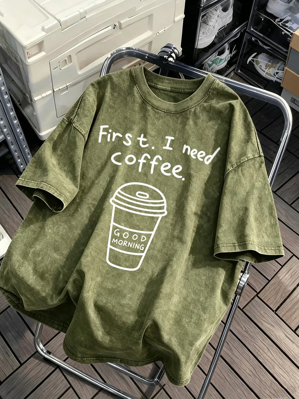 First I Need Coffee Printing Washed T-Shirts Womens Cotton Oversized T Shirts Casual Short Sleeve Tops Summer O-Neck Clothes