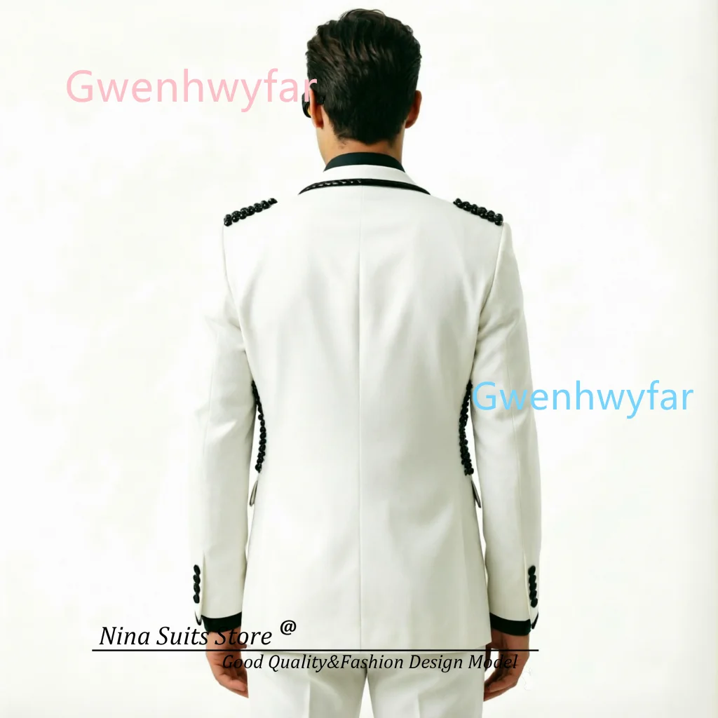 G&N 2026 New Youth Cool Men's Suit Off White Customized Men's Evening Suit Hand Sewn Black Acrylic Patterns One Button Suits
