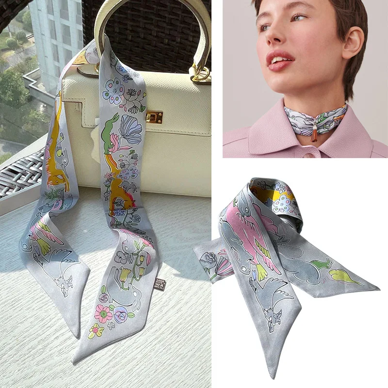 

2024 Spring 100% Silk Ring Scarf Neckchief Necktie 86*5cm Womens Fashion Bag Hat Head Scarfs