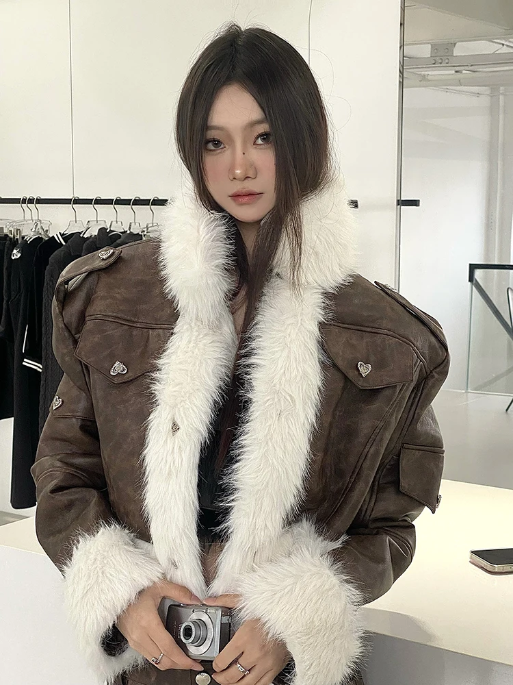 Autumn and winter Maillard Retro American Fur Stitching Leather Coat Low Waist Flared Casual Pants Suit