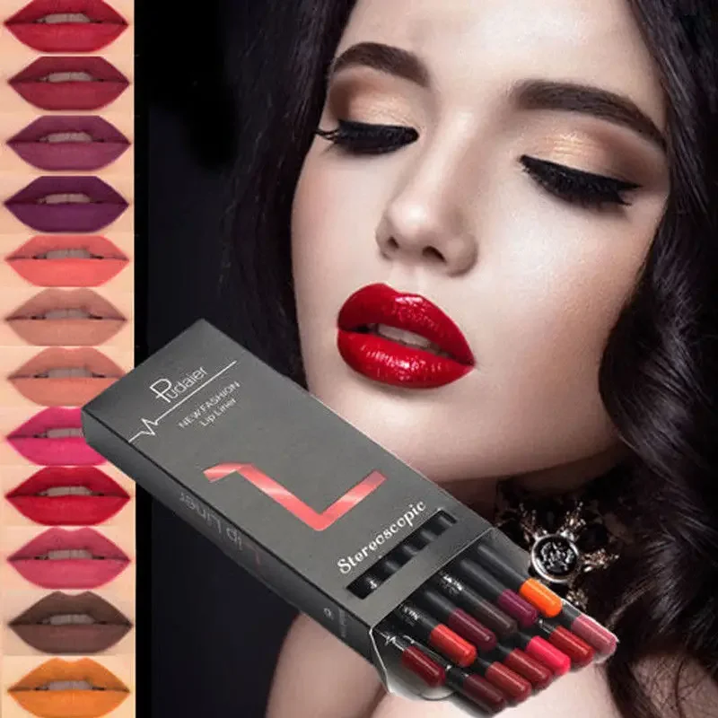 12 Pcs/Set Waterproof Pencil Lipstick Set Pencil Matte Lip Liner Long-lasting Make-up Pens Easy Wearing Non-Sticky Cups