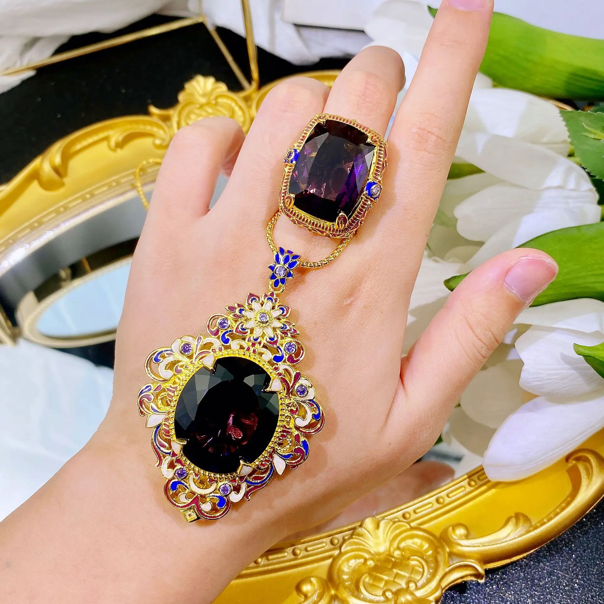 Sterling 925 Silver 18K Gold Color Jewelry Sets for Women Purple CZ Pendant Necklace Rings Fine Jewelry Anniversary Female Gift