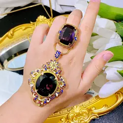 Sterling 925 Silver 18K Gold Color Jewelry Sets for Women Purple CZ Pendant Necklace Rings Fine Jewelry Anniversary Female Gift