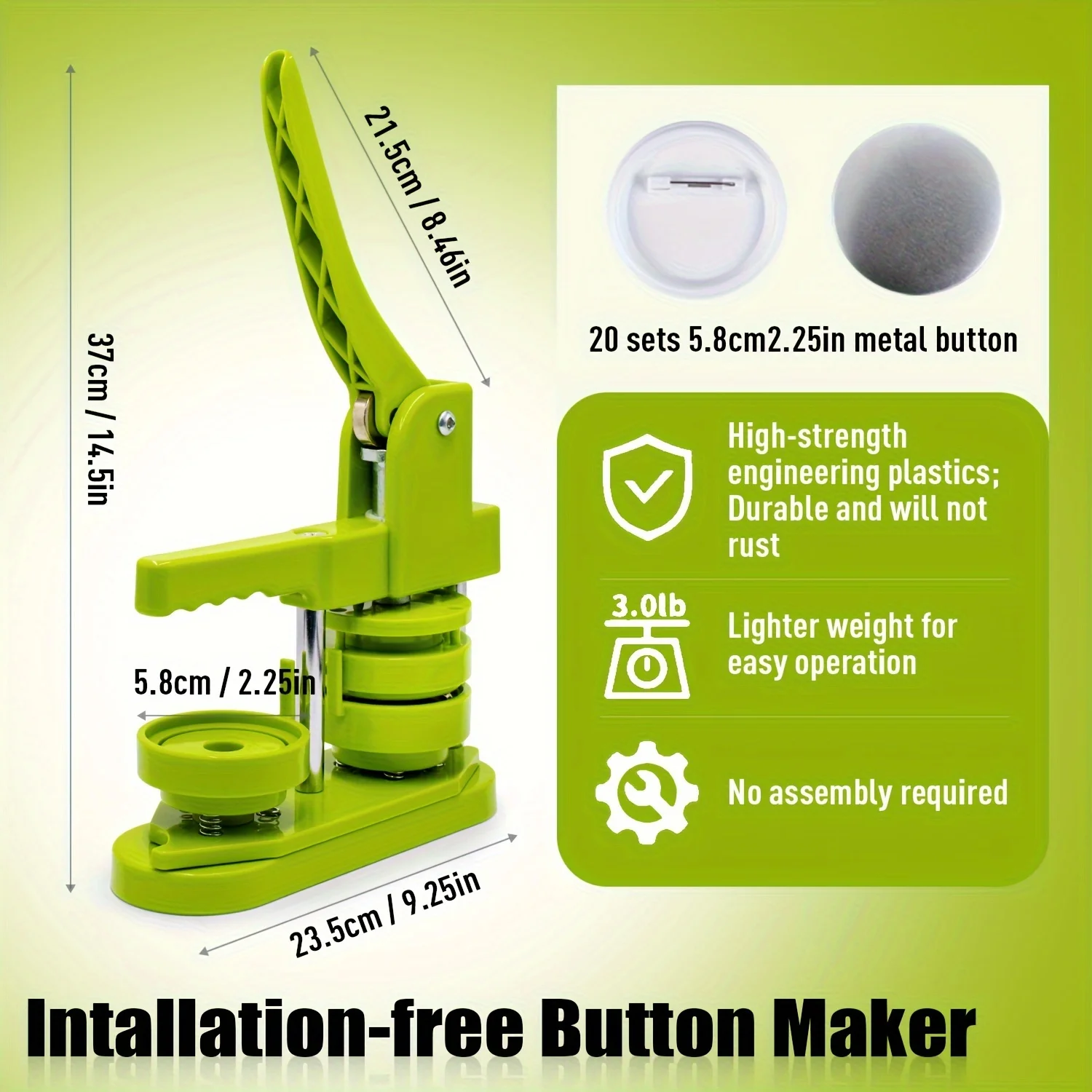 58mm Button Maker Machine -Free Installation, DIY Pin brooch machine Badge Press with 20 Button Parts, Pictures, Circle Cutter.