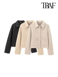 TRAF-Women's Soft Jacket with Pockets, Long Sleeve Coat, Button-up, Female Outerwear, Chic Tops, Fashion