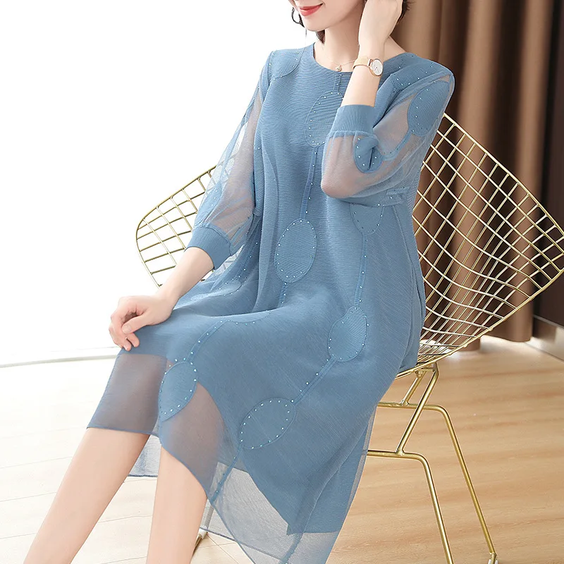 

Dress For Women 45-85kg Spring Summer New Mesh Beading Polka Dot Embroidered 3/4 Sleeve Loose Stretchable Miyake Pleated Dresses